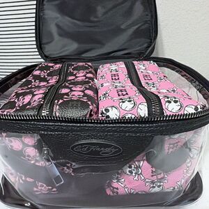 Ed Hardy 3-Pc Cosmetic Bag Set Clear Train Case Pink Black Skulls NWT Travel